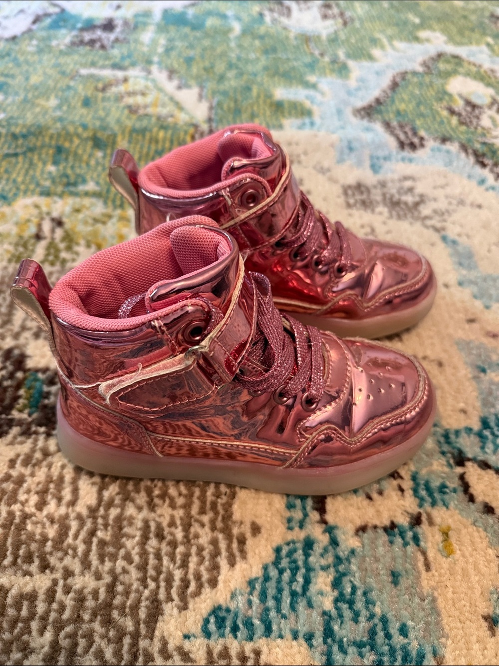 Girls' Shiny Metallic Pink High-Top Kids' Sneakers - Soles glow, multiple colors